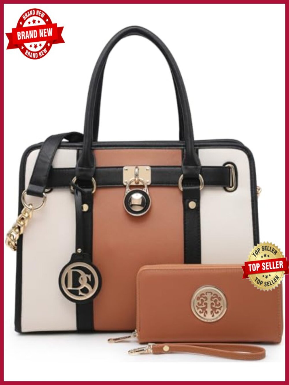 Large Structured Satchel Tote with Matching Wallet, Vegan Leather, Work
